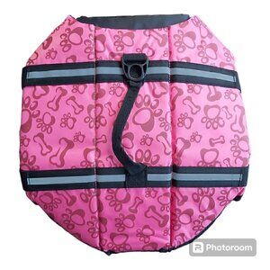NWOT Pink Paw and Bones Print Dog Life Jacket/Vest With Handle - Size Large